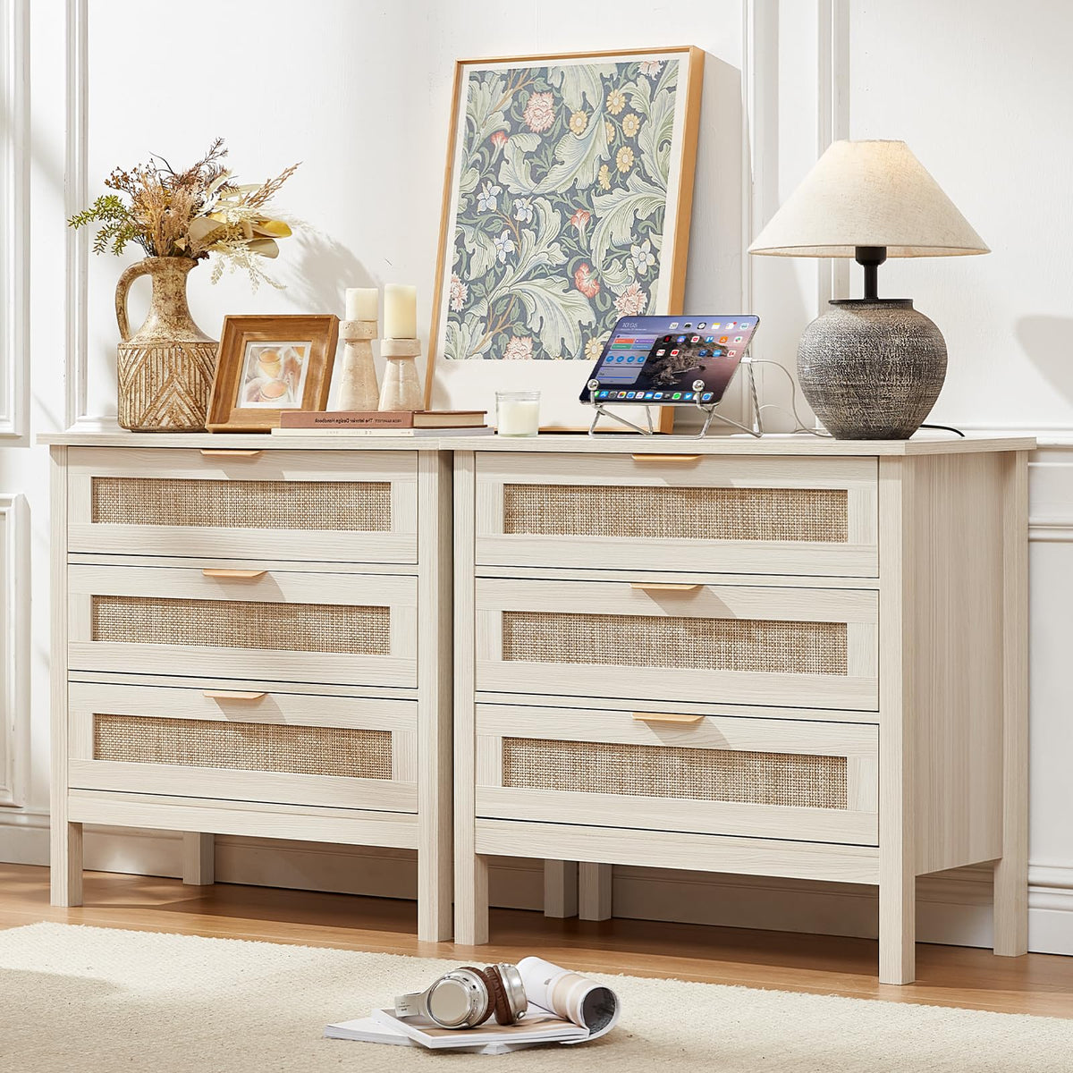 LEYAOYAO 26.8" Wide Rattan Nightstands Set of 2, Large Boho Night Stand