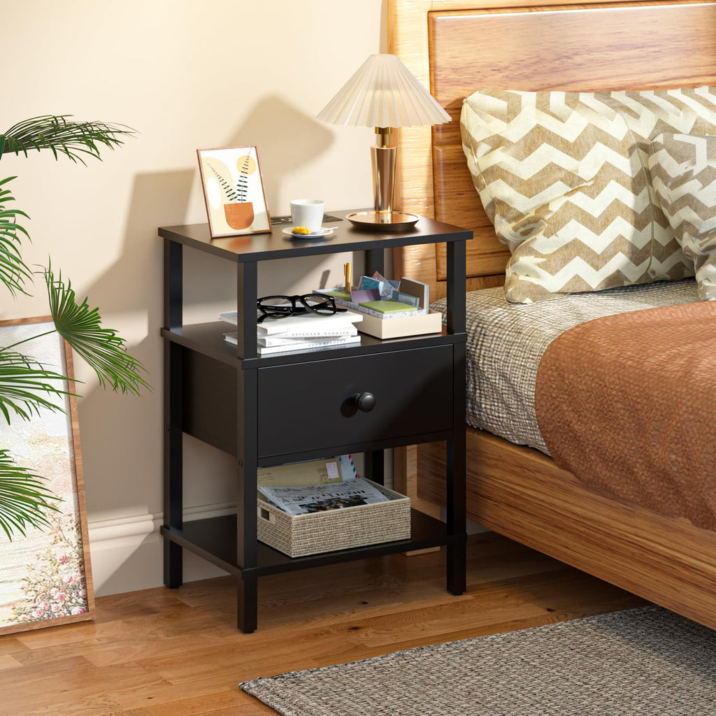 Lerliuo Nightstand with Charging Station and USB Ports, 3-Tier Storage End Table with Drawer Shelf, Night Stand for Small Spaces, Wood Bedside Table for Living Room, Bedroom - Retro Brown…