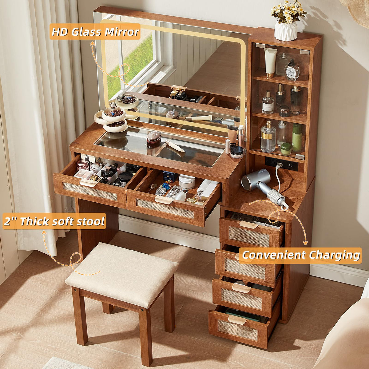 LEYAOYAO Rattan Makeup Vanity Desk with Stool, Mirror and Lights