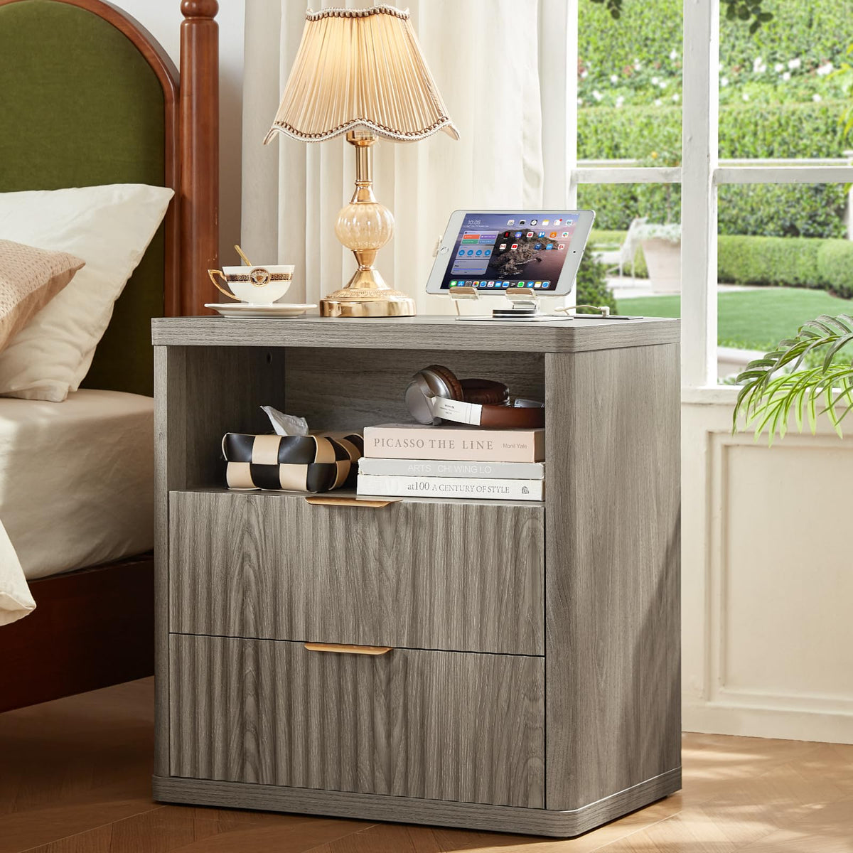 LEYAOYAO 48" Wide Fluted Dresser and 1 Drawers 23" Nightstand Set of 2, Wooden Dresser & Night Stand with Charging Station, 3 Piece Bedroom Furniture Set, Chest of Drawer for Living Room,Antique White