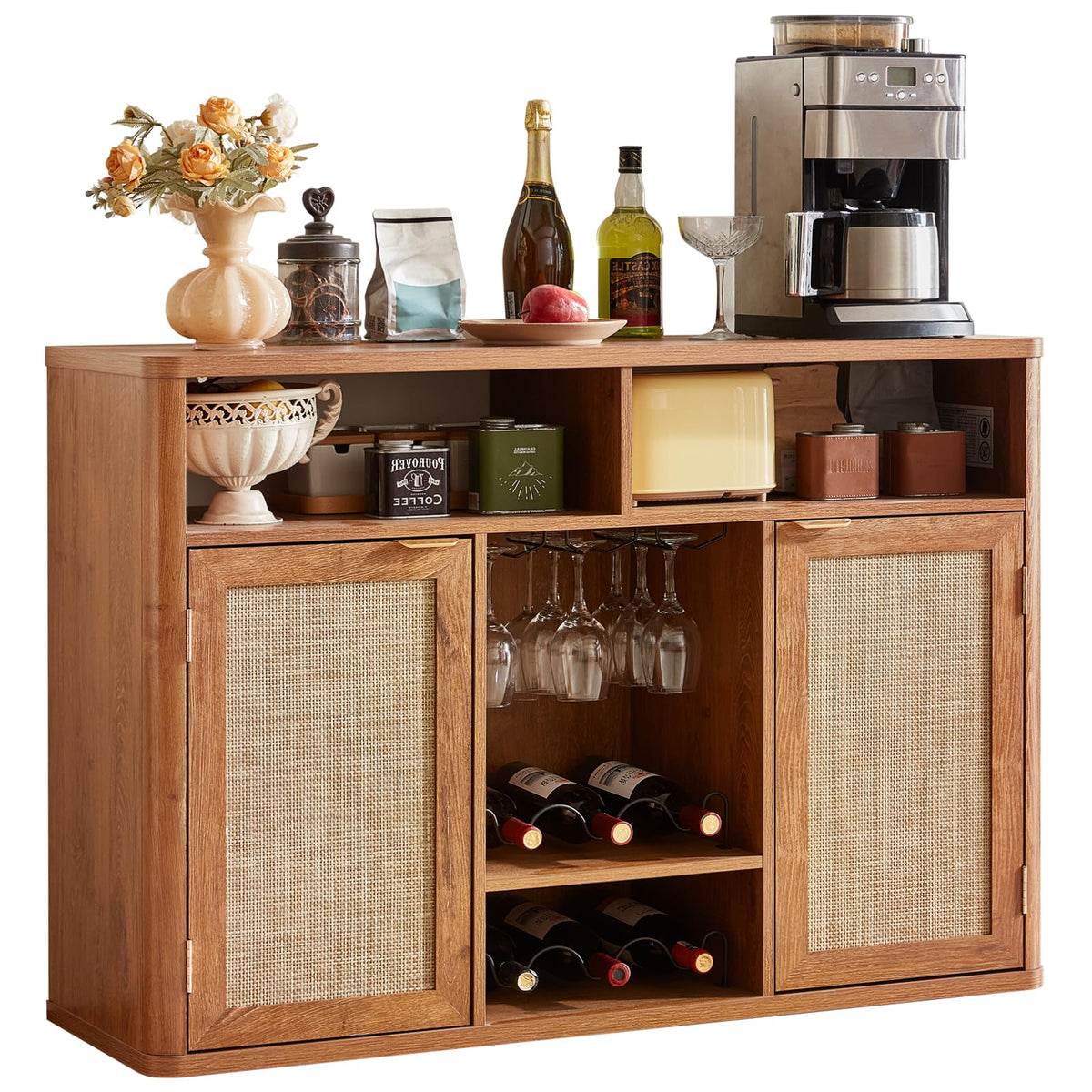 Lerliuo Rattan Wine Bar Cabinet with 2 Doors, Walnut