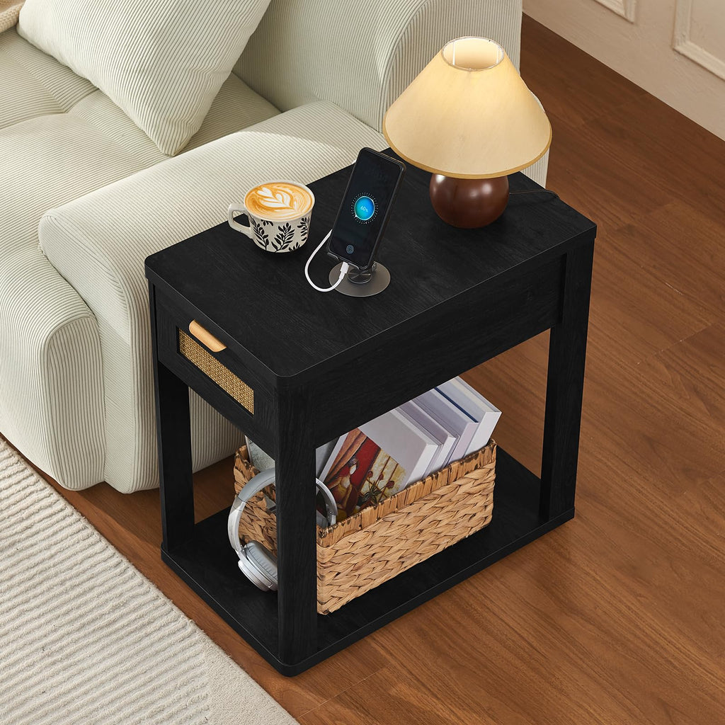 LEYAOYAO Narrow Side Table with Charging Station, Rattan 24 x 14''