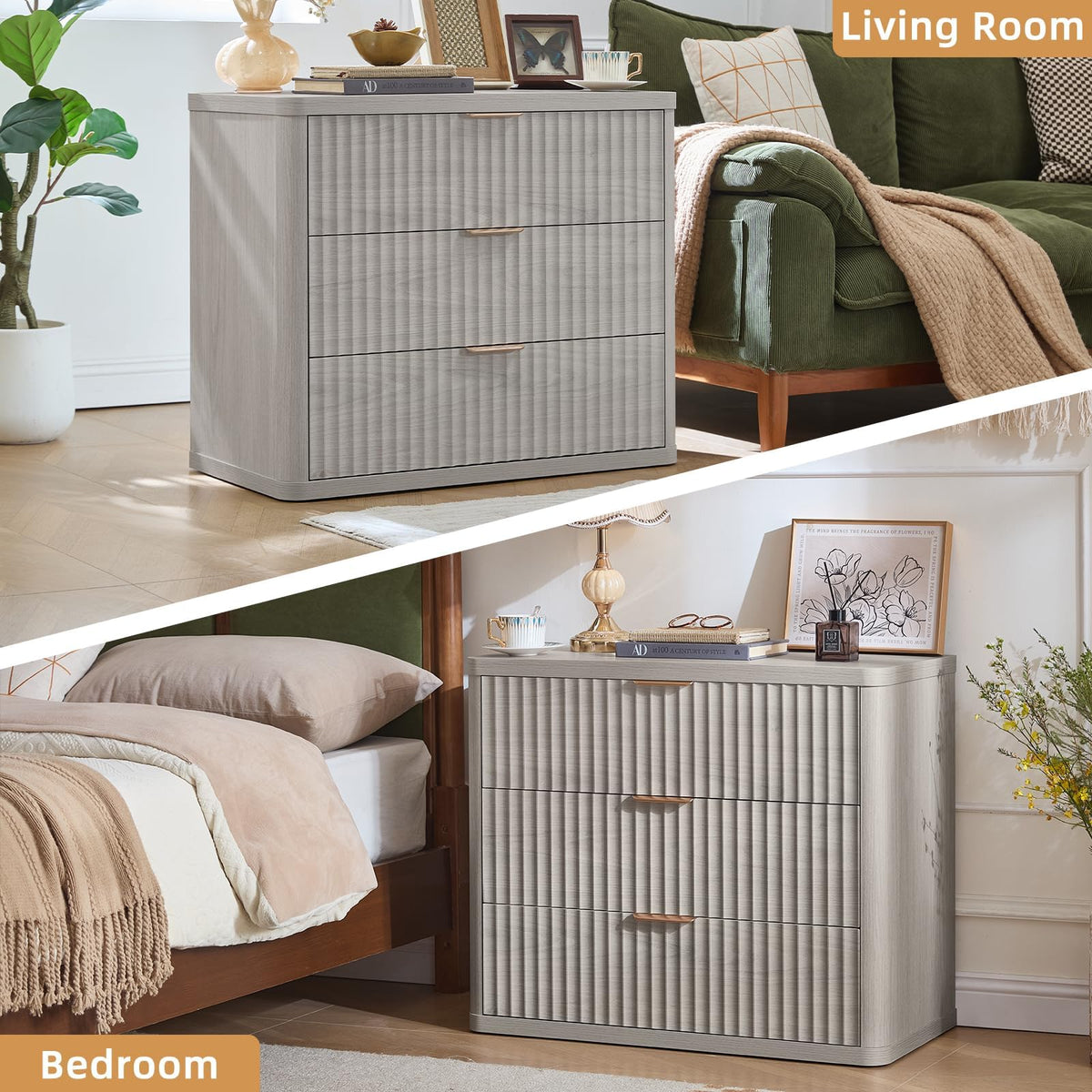 LEYAOYAO 31.5" Wide Fluted Nightstand, Oversized Night Stand, Antique White