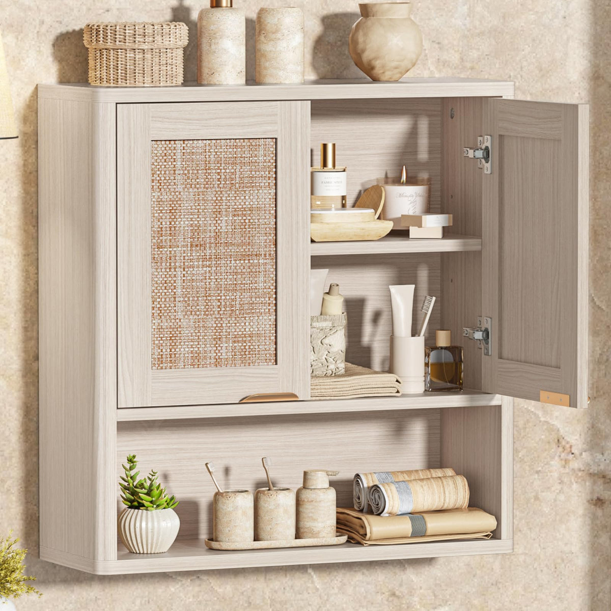 LEYAOYAO Rattan Bathroom Wall Storage Cabinet, Boho Medicine Cabinet