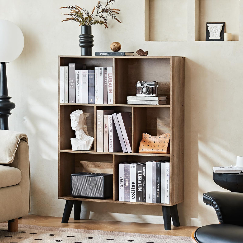 LEYAOYAO 7 Cube Bookshelf, Mid-Century Modern Bookcase Legs,Black Wooden Book Shelves, Wood 3-Tier Freestanding Storage Organizer Display Shelf for Bedroom,Living Room,Office