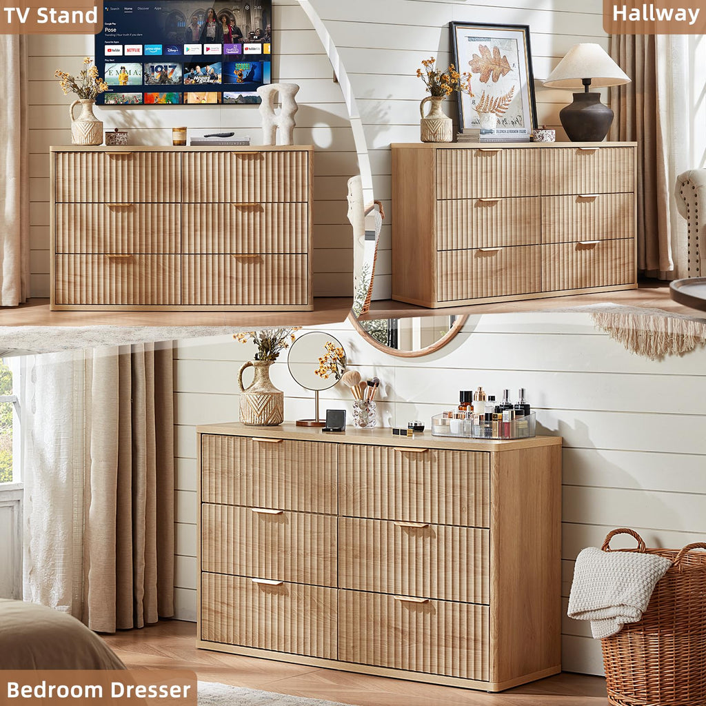 LEYAOYAO Fluted 5 Drawers Dresser for Bedroom, 41" Tall Modern Chest of Drawers with Metal Handle, Curved Profile Design,Natural Wood Drawer Organizer for Bedroom, Living Room, Hallway, Entryway