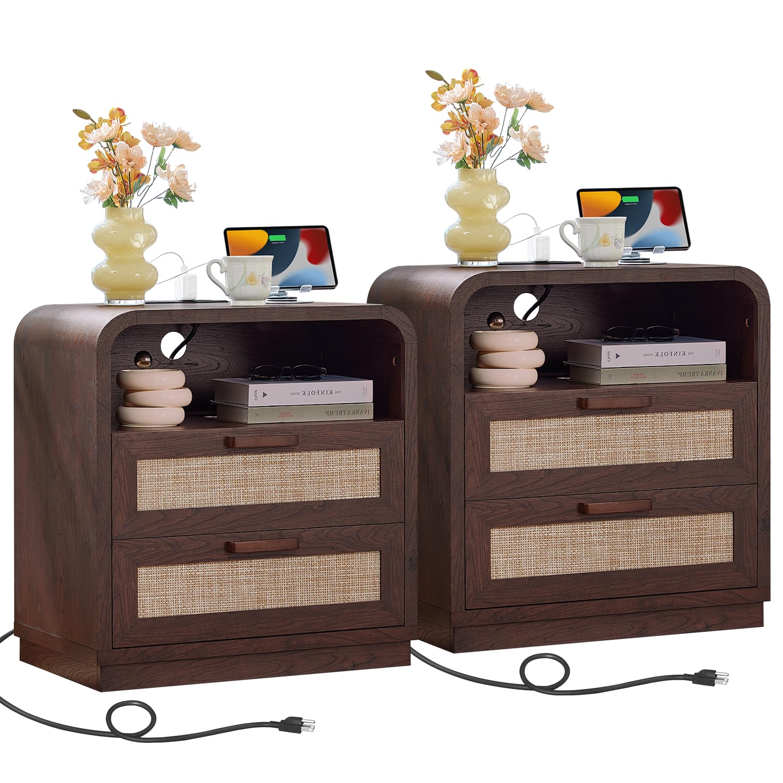 LEYAOYAO Rattan Nightstands Set of 2 with Charging Station, Natural
