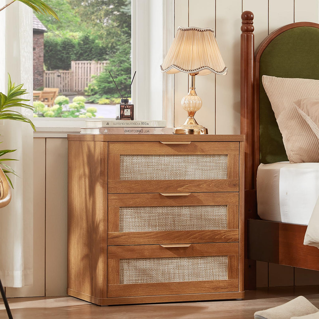 Lerliuo Rattan NightStand with Charger Station, 23" Wide Boho Bedside Table with Drawers, Natural Wood Night Stand Open Storage Cabinet, Bed Side End Table Dresser for Living Room, Hallway, Bedroom