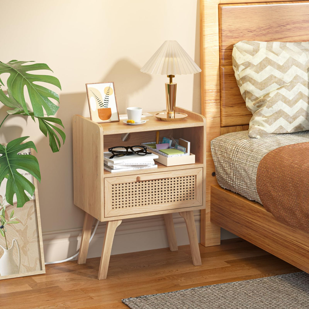 Lerliuo Rattan Nightstand, Boho Side Table with Drawer Open Shelf