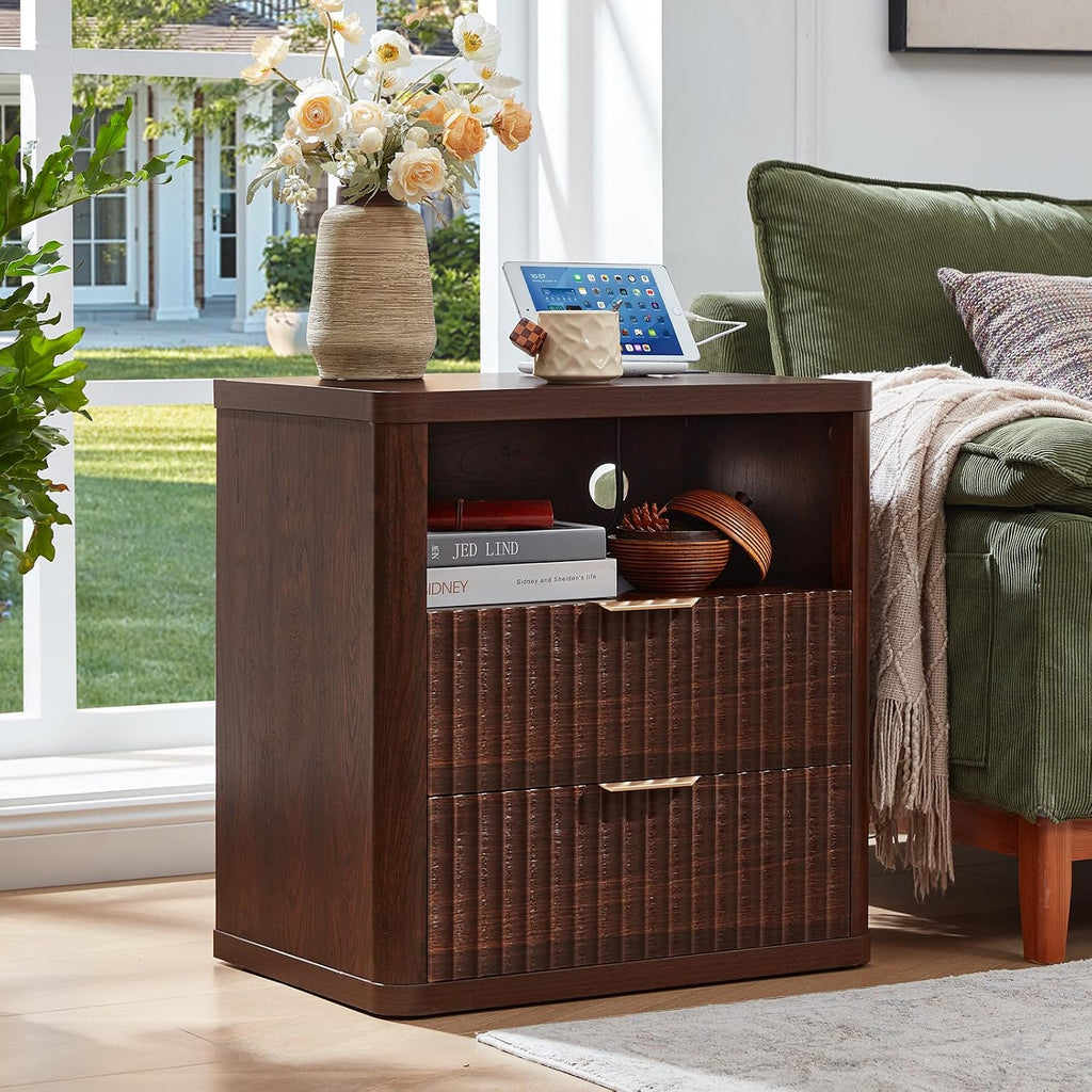 LEYAOYAO 23" Wide Fluted Night Stand with Charging Station, 2 Drawers Large End Table with Storage, LightGrey Nightstand Wood Bedside Tables, Farmhouse Cabinet Dresser for Bedroom, Closet