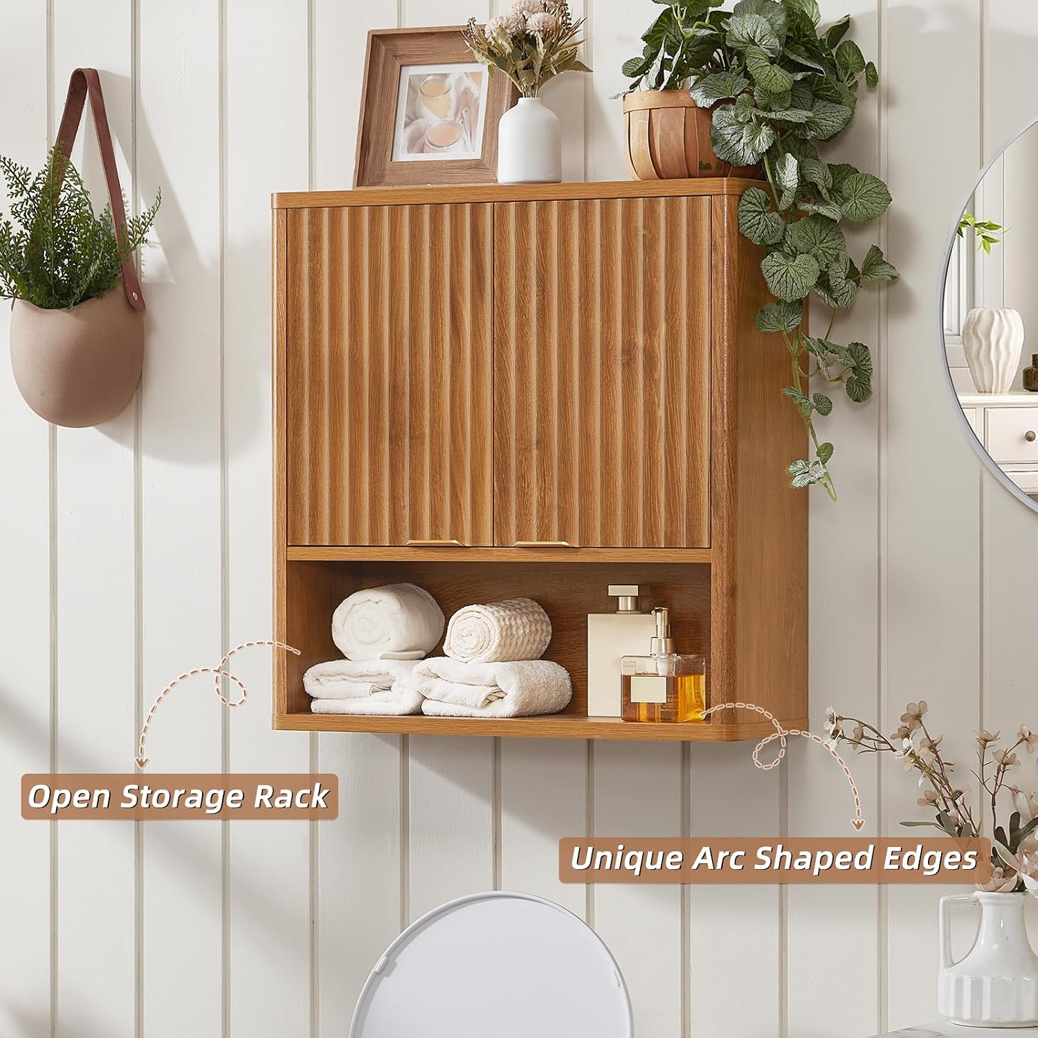 LEYAOYAO Fluted Bathroom Wall Cabinet, Wall-Mounted Medicine Cabinet w/Adjustable Shelf & Doors, Farmhouse Floating Over The Toilet Storage Cabinets for Laundry Room, Kitchen, Living Room (Tea Brown)