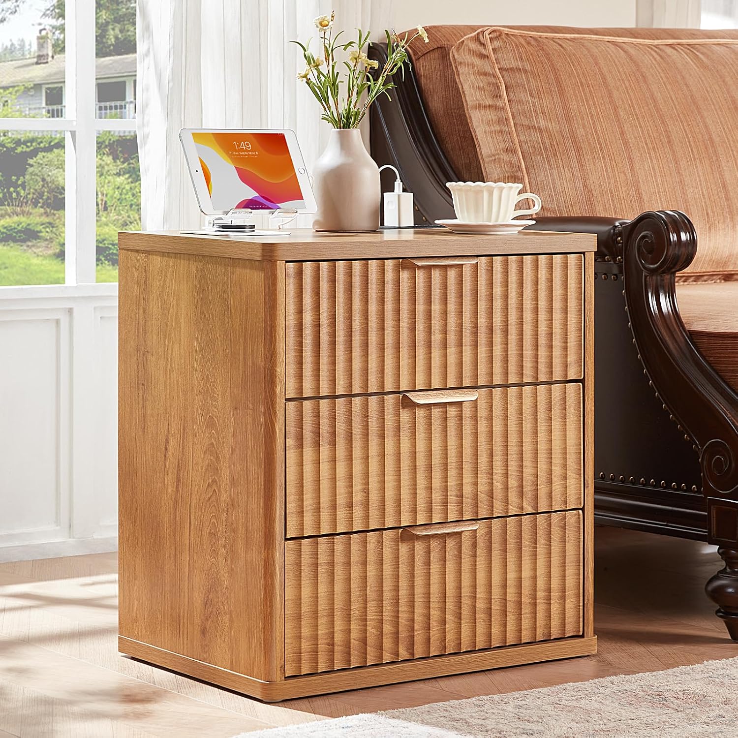 LEYAOYAO 23" Wide Fluted Night Stand with Charging Station, 3 Drawers Large End Table with Storage, Natural Nightstand Wood Bedside Tables, Farmhouse Cabinet Dresser for Bedroom, Closet