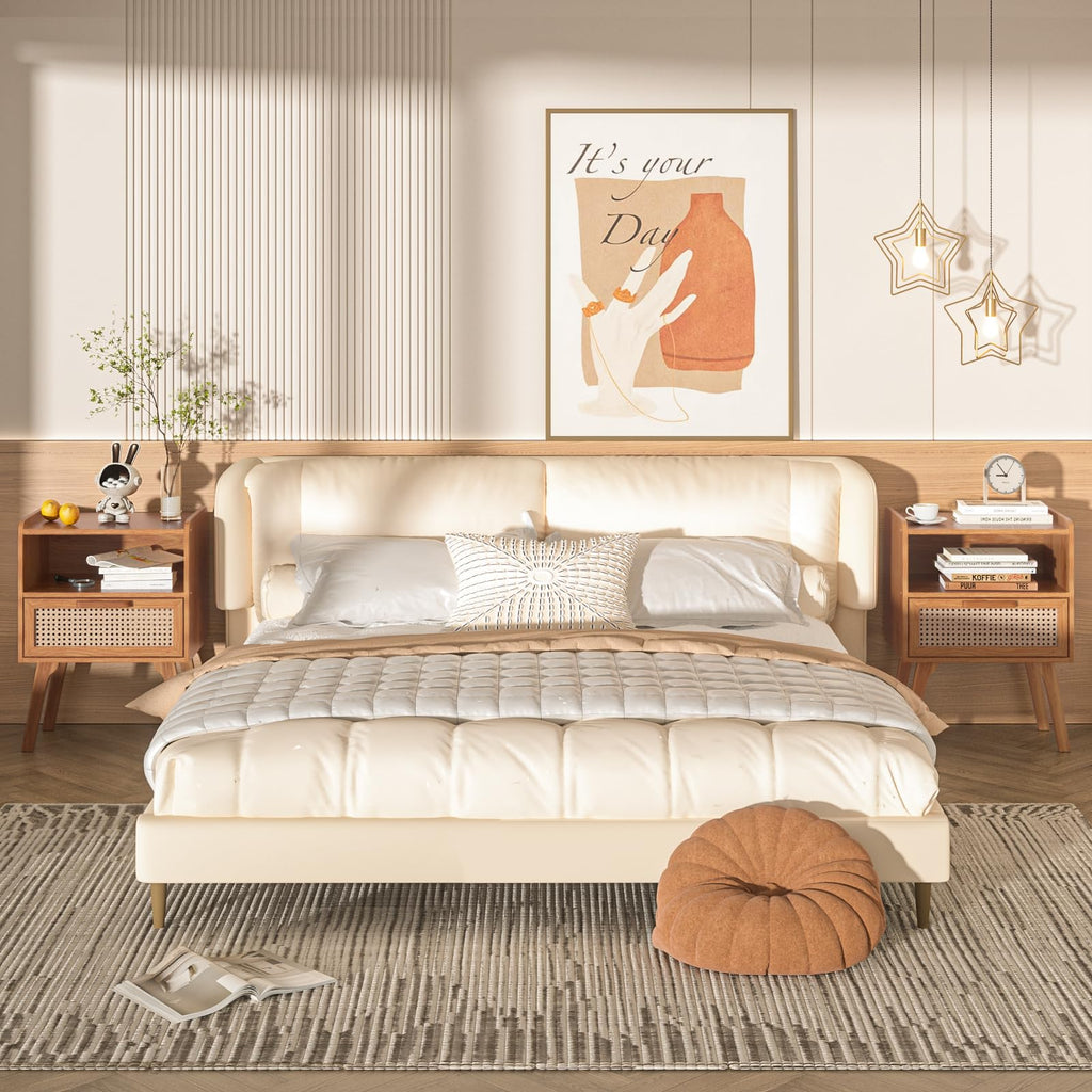 Lerliuo Rattan Nightstand, Boho Side Table with Drawer Open Shelf