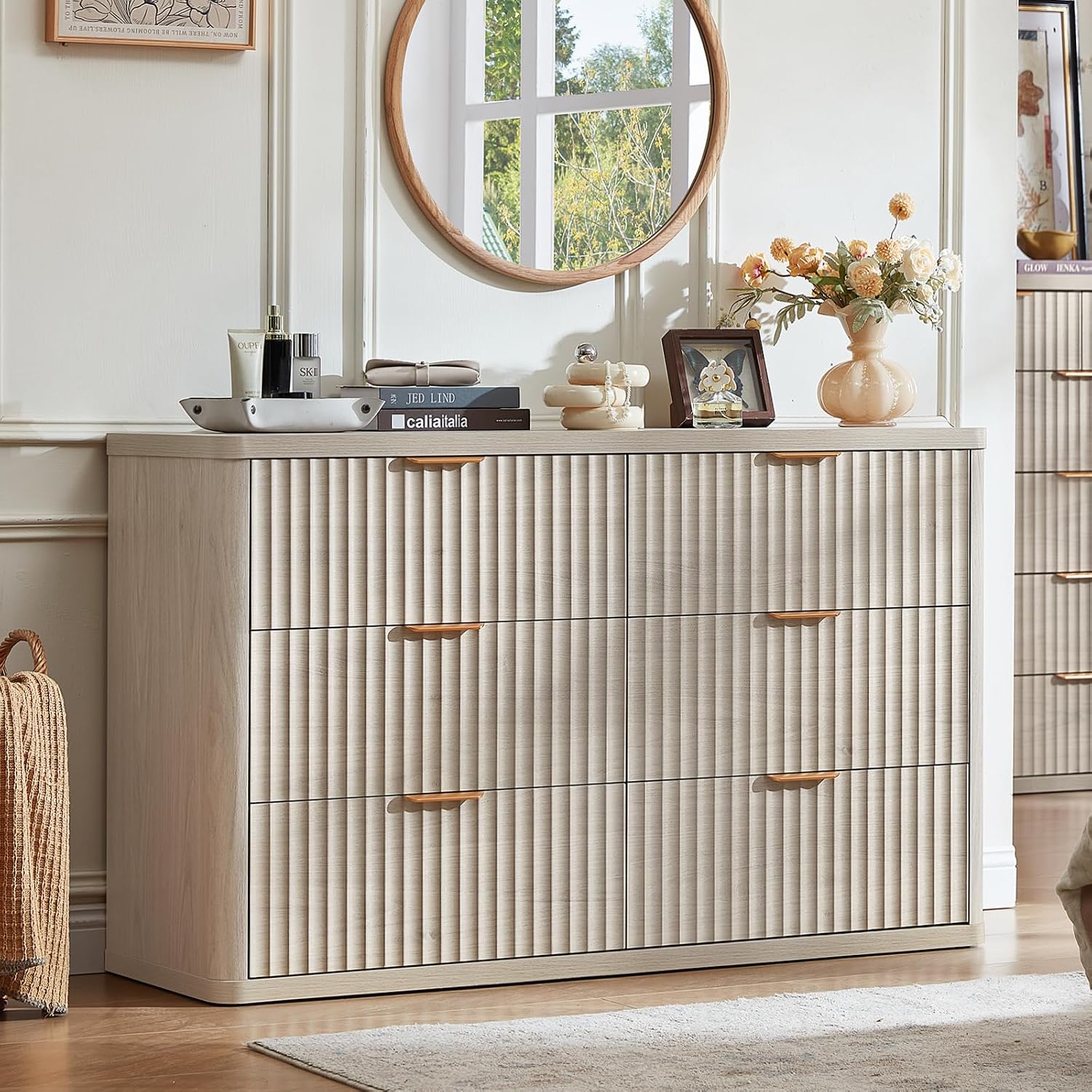 LEYAOYAO 23" Wide Fluted Night Stand with Charging Station, 3 Drawers Large End Table with Storage, Natural Nightstand Wood Bedside Tables, Farmhouse Cabinet Dresser for Bedroom, Closet