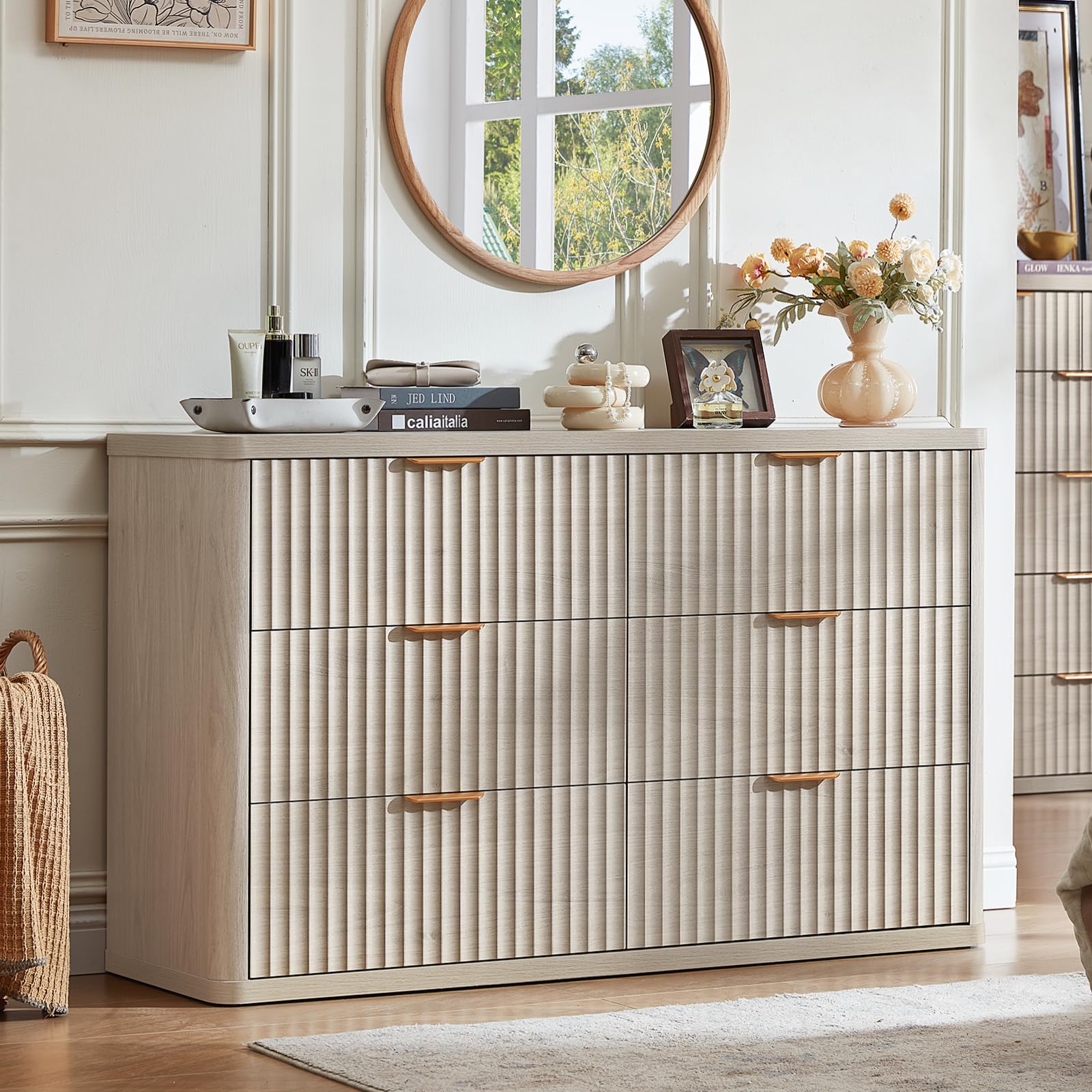 LEYAOYAO Fluted 5 Drawers Dresser for Bedroom, 41" Tall Modern Chest of Drawers with Metal Handle, Curved Profile Design,Natural Wood Drawer Organizer for Bedroom, Living Room, Hallway, Entryway