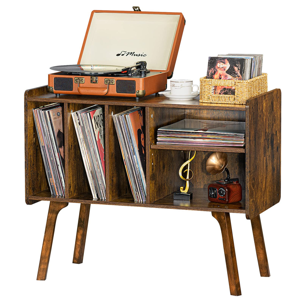 Lerliuo Record Player Stand with 4 Cabinet Holds Up to 220 Albums,Oak