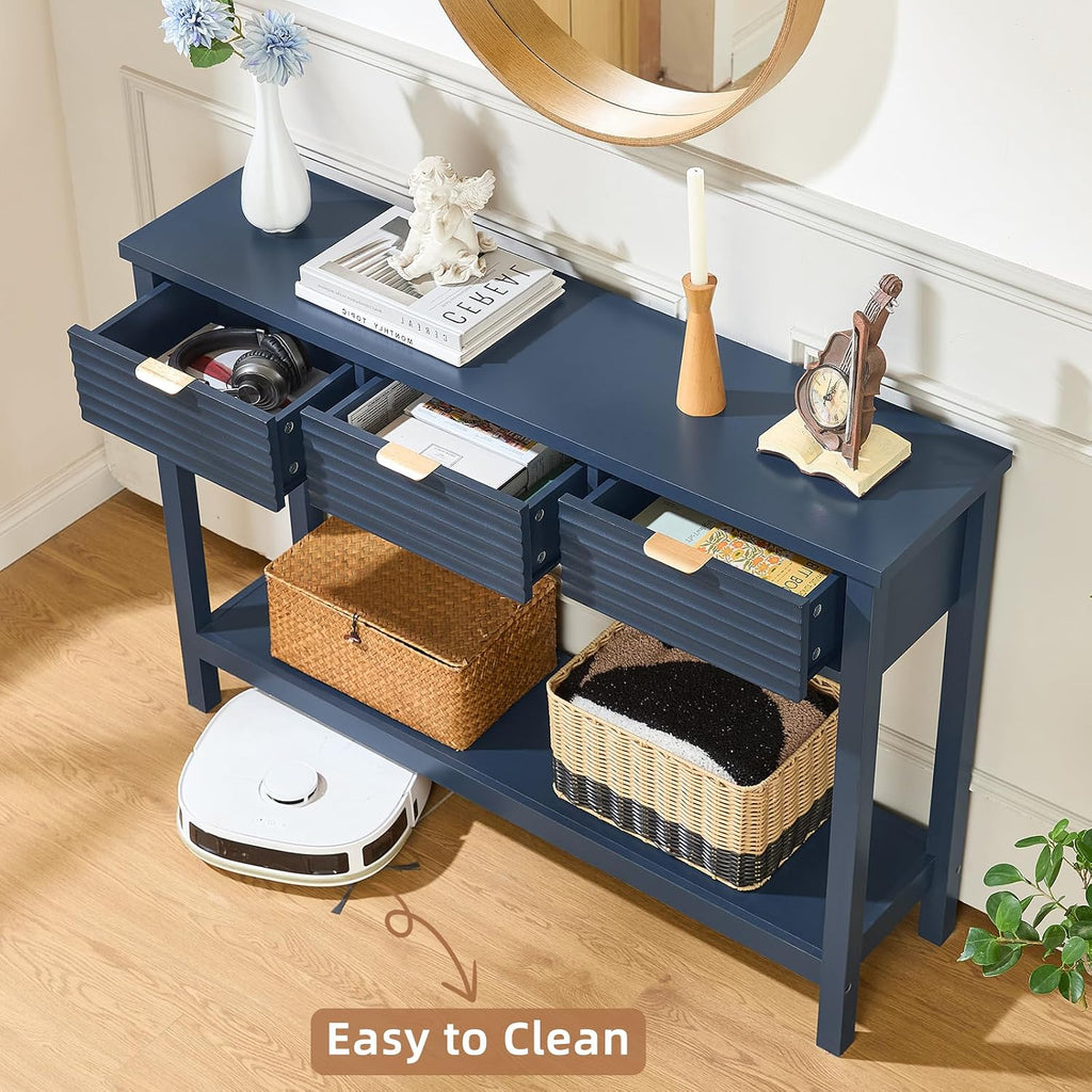 LEYAOYAO 47.2" Fluted Console Table with 3 Drawers, Blue Entryway Table