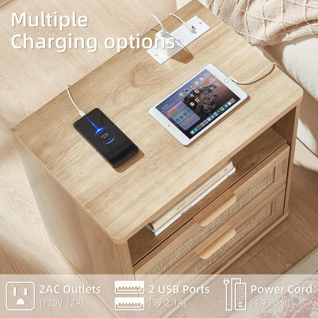 LEYAOYAO Rattan Nightstand Set of 2 with Charging Station, 1 & 2 Drawers Boho Night Stand Dresser for Bedroom, Natural Wood Bedside Table Open Storage Cabinet, Bed Side End Tables, Living Room,Hallway
