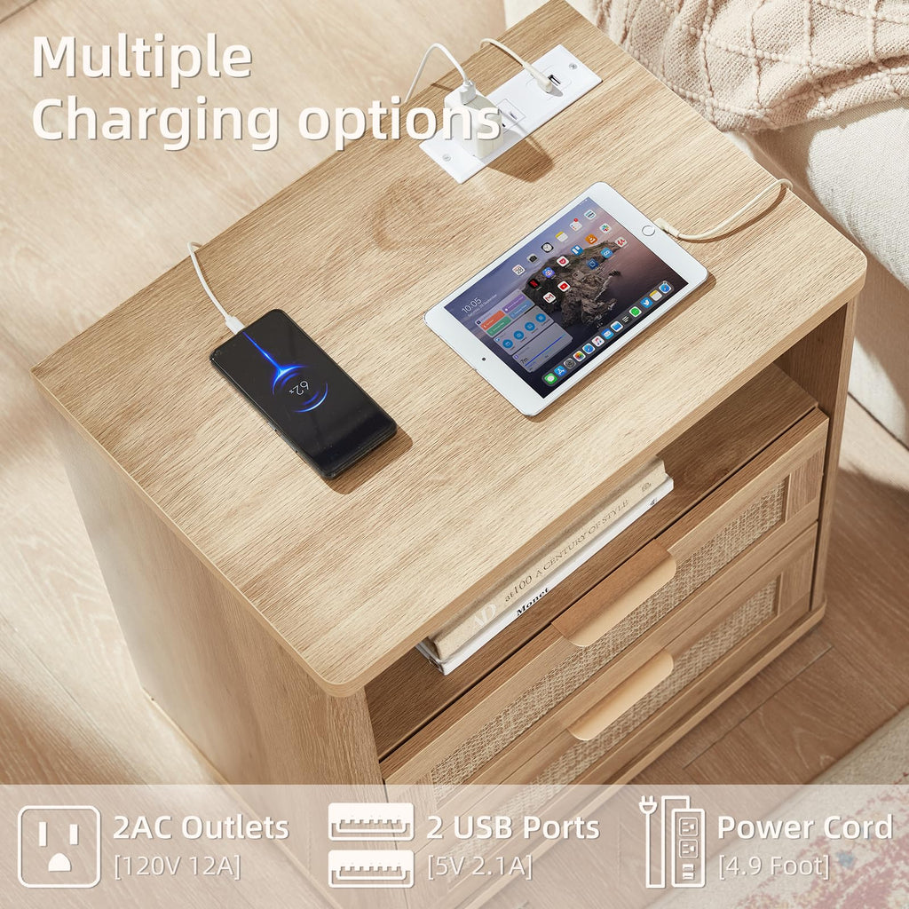 LEYAOYAO Rattan Nightstand Set of 2 with Charging Station, 1 & 2 Drawers Boho Night Stand Dresser for Bedroom, Natural Wood Bedside Table Open Storage Cabinet, Bed Side End Tables, Living Room,Hallway