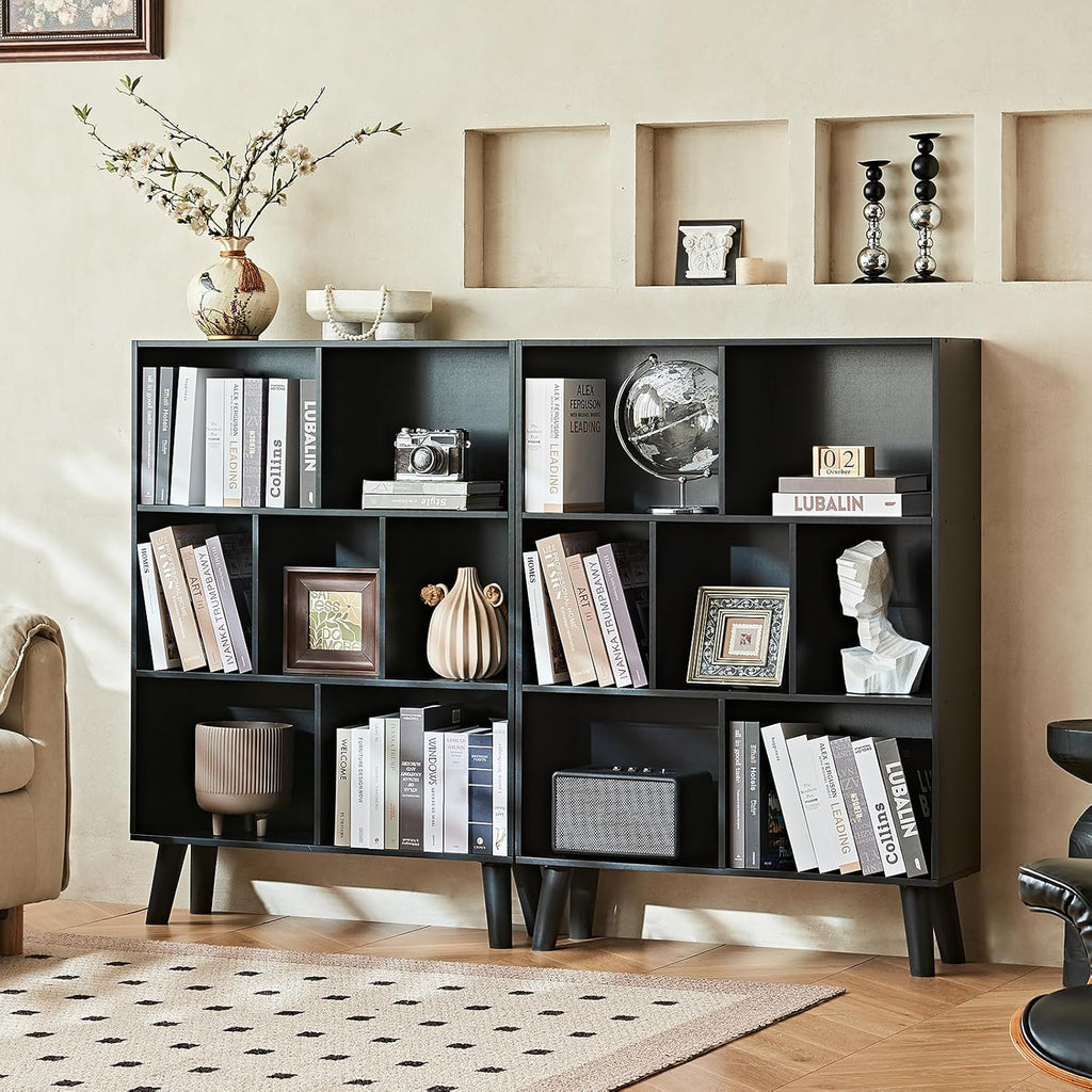 LEYAOYAO 7 Cube Bookshelf, Mid-Century Modern Bookcase Legs,Black Wooden Book Shelves, Wood 3-Tier Freestanding Storage Organizer Display Shelf for Bedroom,Living Room,Office