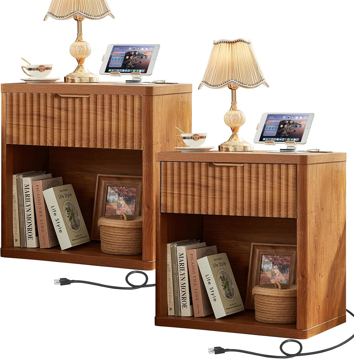 LEYAOYAO 23" Wide Fluted Night Stand with Charging Station, 3 Drawers Large End Table with Storage, Natural Nightstand Wood Bedside Tables, Farmhouse Cabinet Dresser for Bedroom, Closet