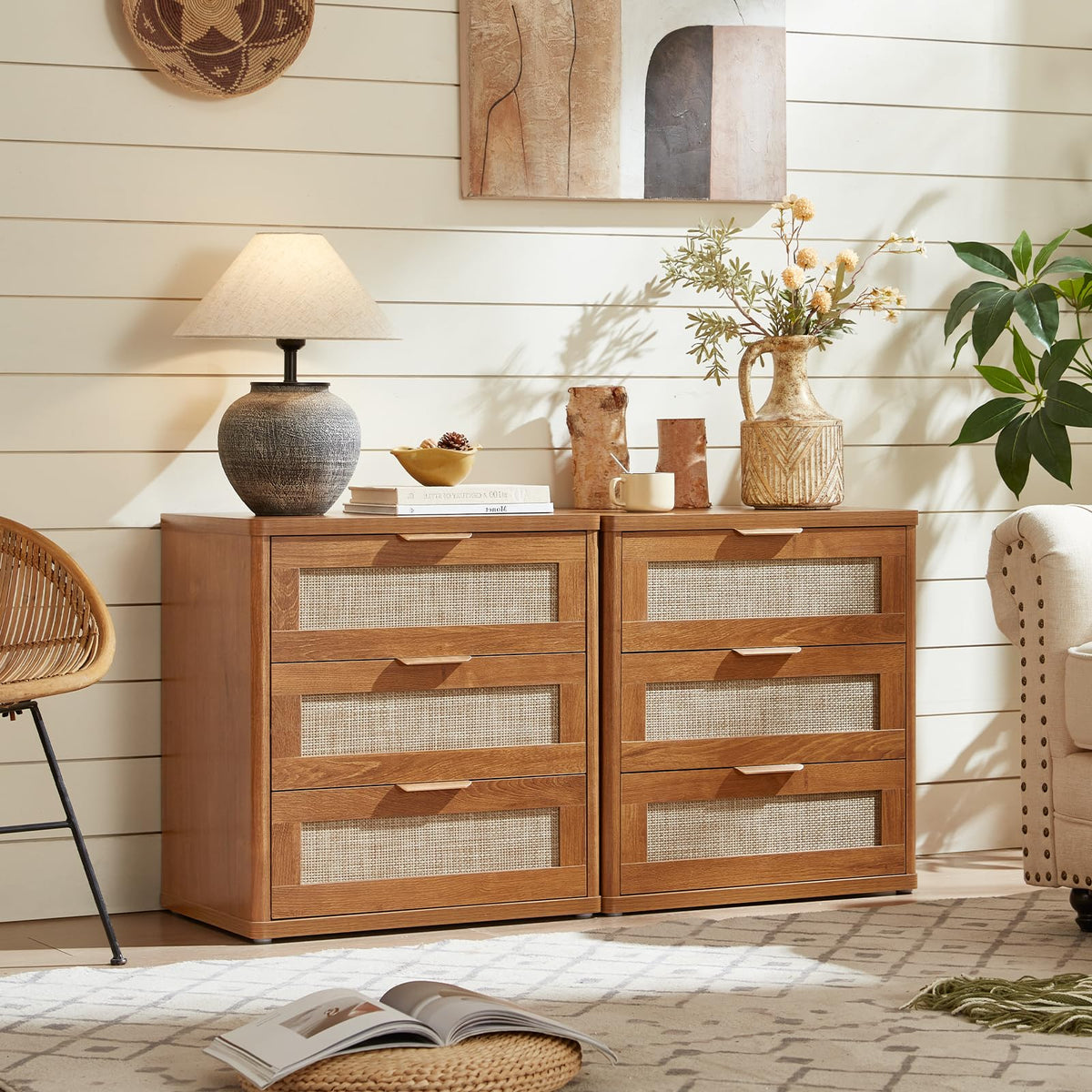 Lerliuo Rattan NightStand with Charger Station, 23" Wide Boho Bedside Table with Drawers, Natural Wood Night Stand Open Storage Cabinet, Bed Side End Table Dresser for Living Room, Hallway, Bedroom