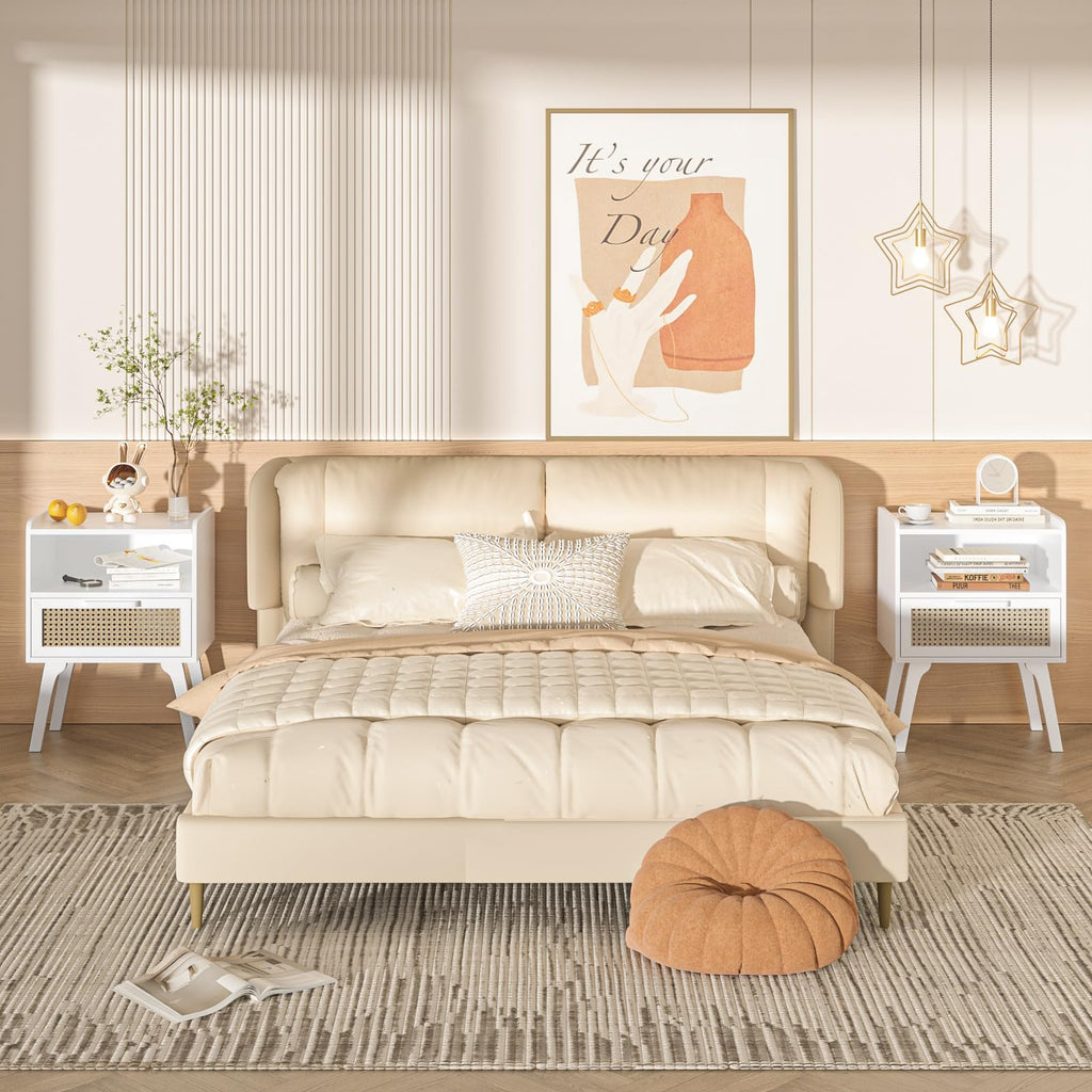 Lerliuo Rattan Nightstand, Boho Side Table with Drawer Open Shelf