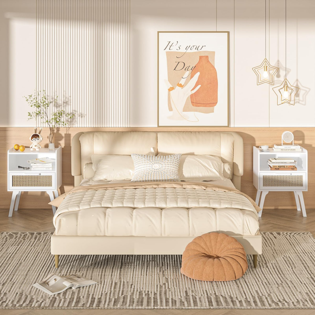 Lerliuo Rattan Nightstand, Boho Side Table with Drawer Open Shelf