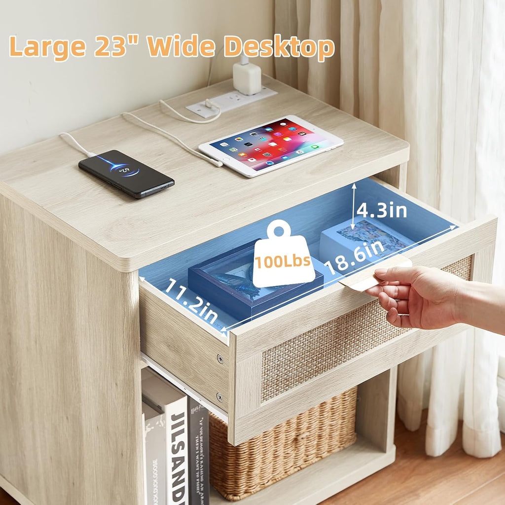 LEYAOYAO Rattan Dresser and Nightstand Set of 3, Boho Wood Dresser for Bedroom with 6 Drawers and Night Stand with Charging Station, Bedroom Furniture, Dressers & Chests of Drawers, Living Room