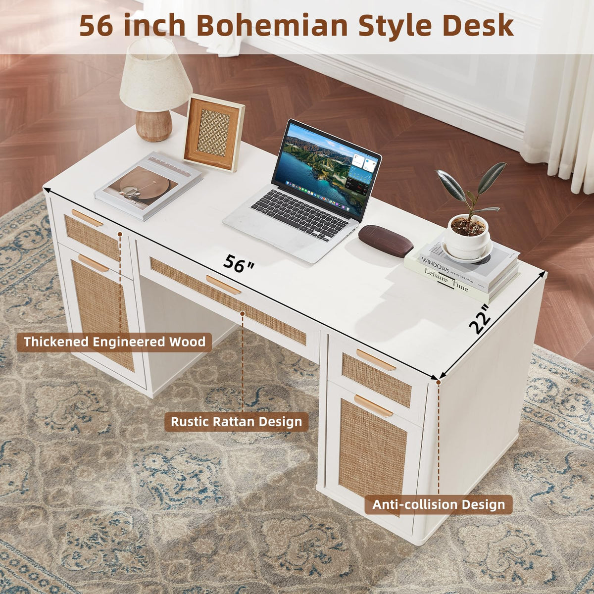 LEYAOYAO Office Desk 56" with 5 Drawers Storage File Cabinet, Natural