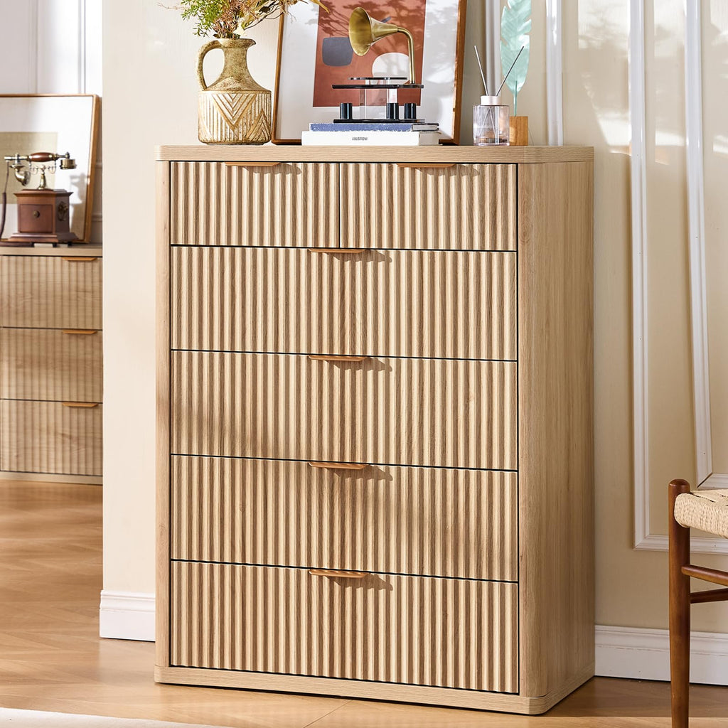 LEYAOYAO Fluted 6 Drawers Dresser for Bedroom Set of 2, 42" Tall Modern Chest of Drawer with Metal Handle, Curved Profile Design,Brown Wood Drawer Organizer for Bedroom, Living Room, Hallway
