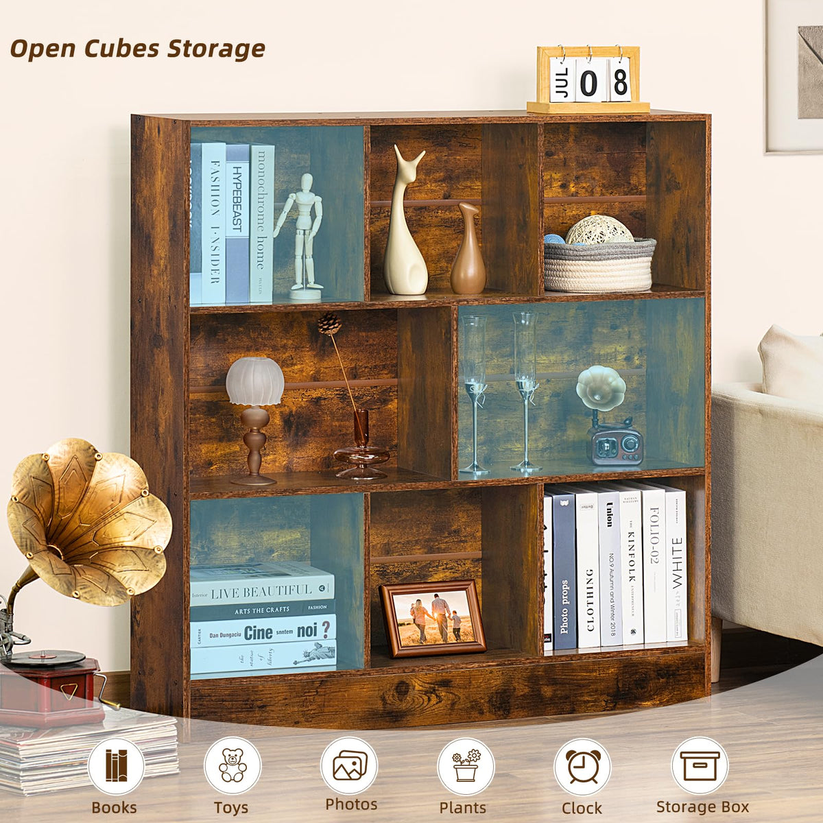 LEYAOYAO 7 Cube Bookshelf with Base,3 Tier Mid-Century Modern Blue Bookcase,Standing Wide Bookshelves Storage Organizer Shelf,Rustic Wood Display Cabinet Book Shelves for Bedroom,Living Room,Office