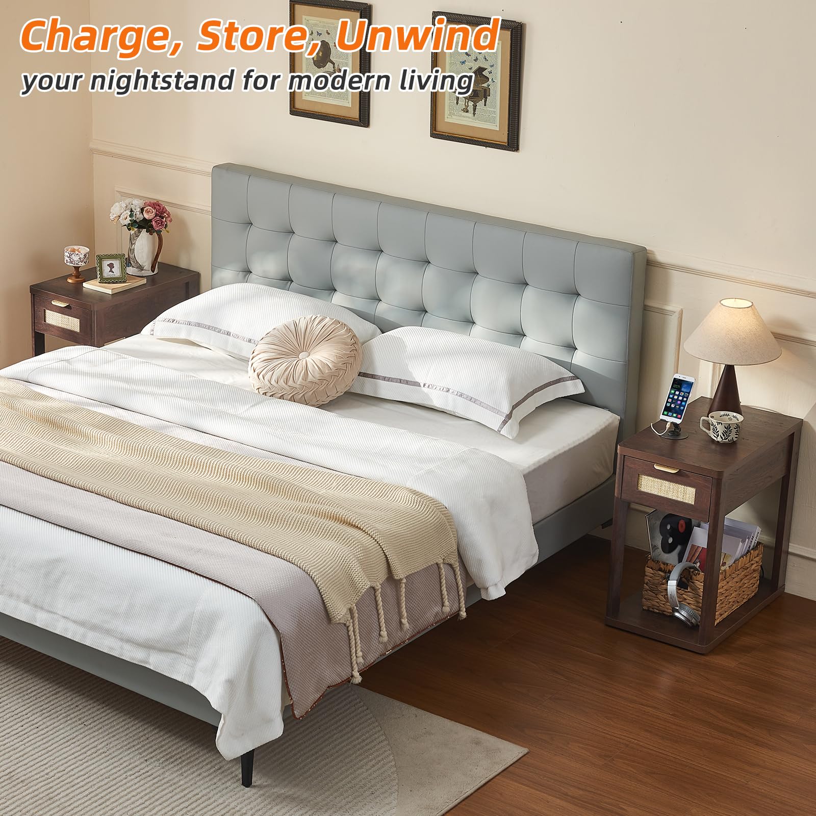 LEYAOYAO Narrow Side Table with Charging Station, Rattan 24 x 14''
