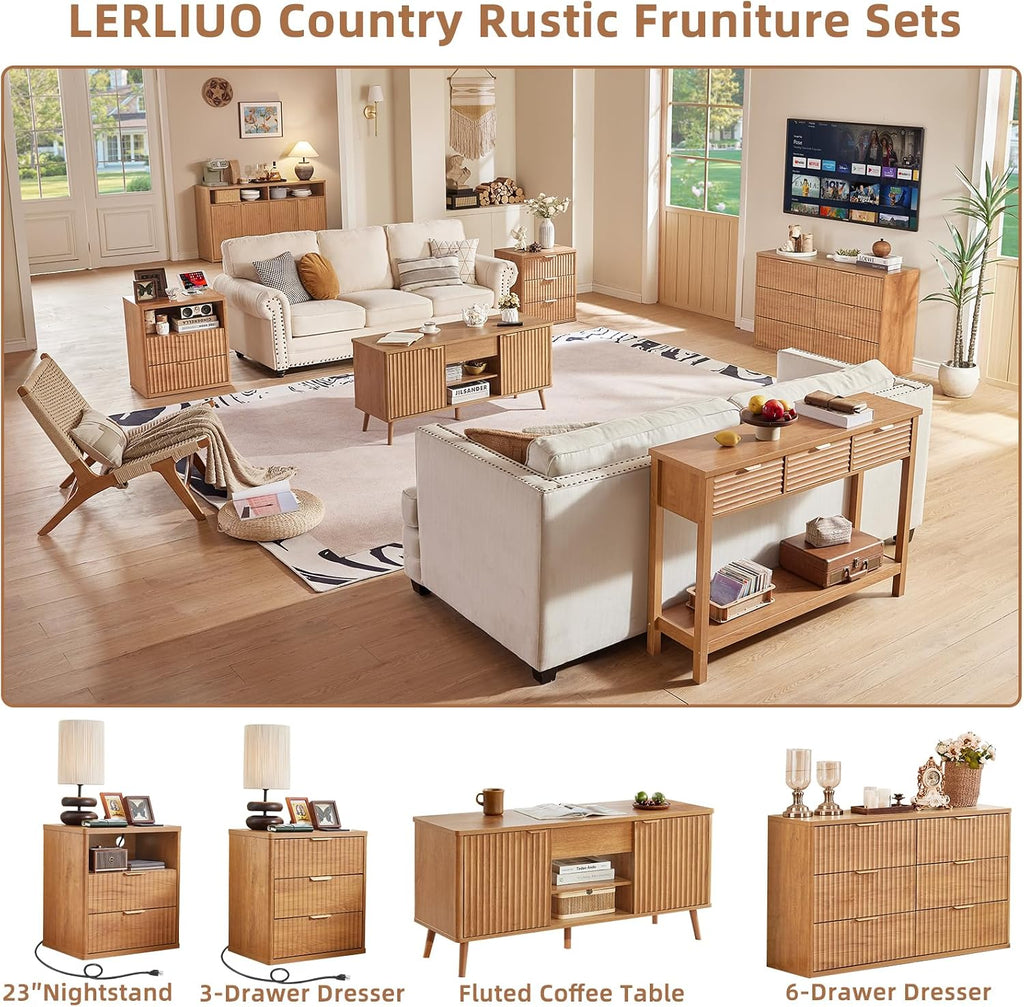 LEYAOYAO Fluted Lift Top Coffee Table and Night Stand Set,Wood 48" Wide Center Tables & 23" with Charging Station Chest of Drawers,Farmhouse Living Room Suites for Bedroom Home,Brown