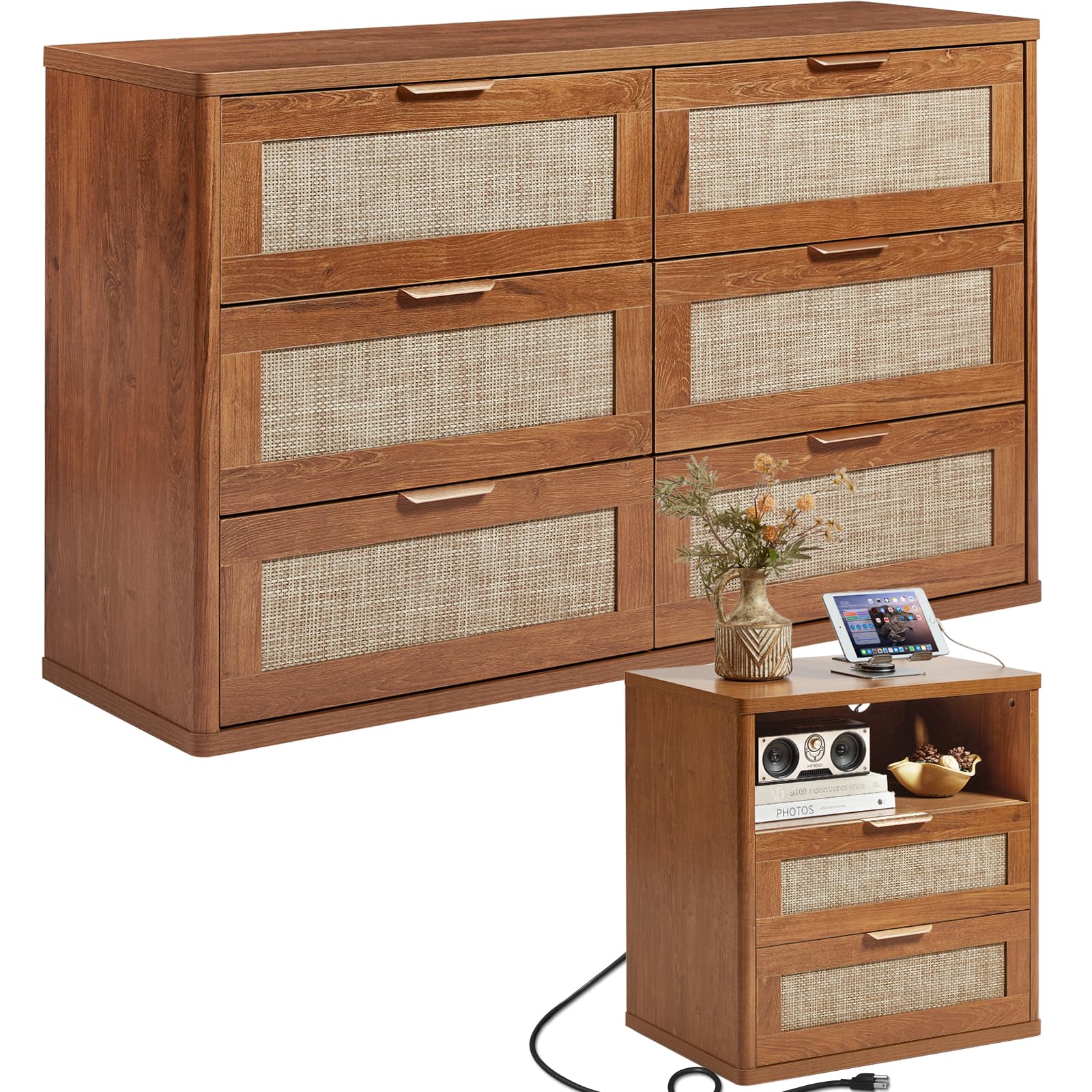 LEYAOYAO Rattan Dresser and Nightstand Sets 3 Piece, Natural
