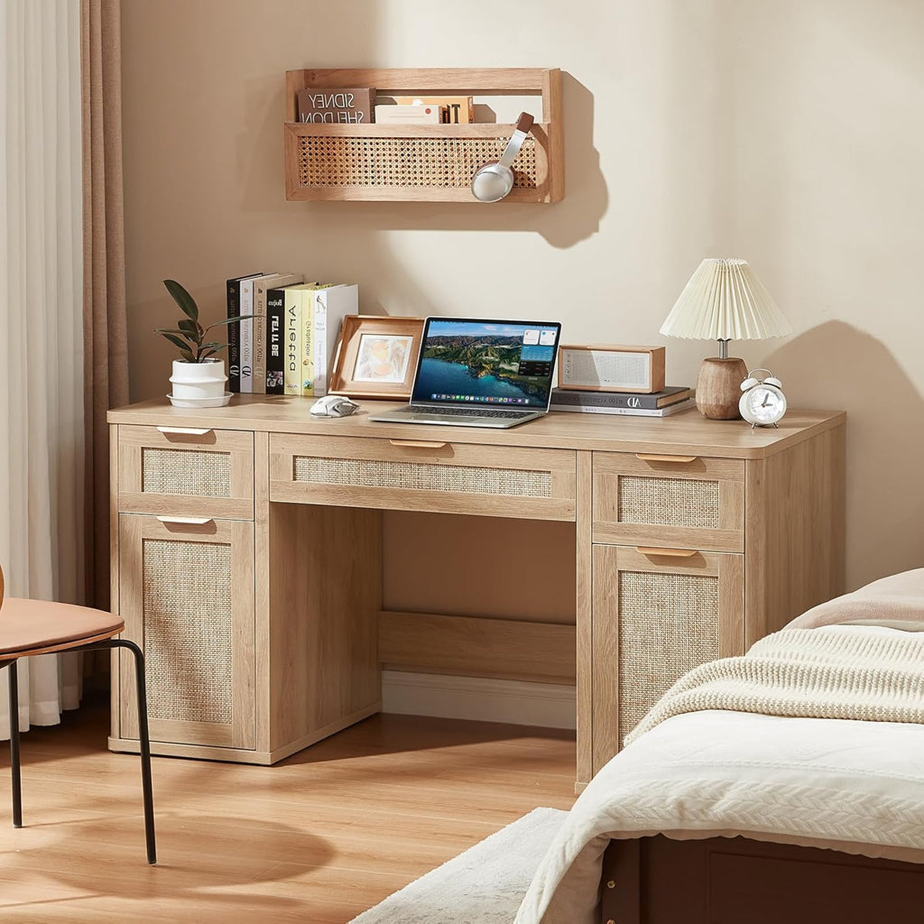 LEYAOYAO Office Desk 56" with 5 Drawers Storage File Cabinet, Natural