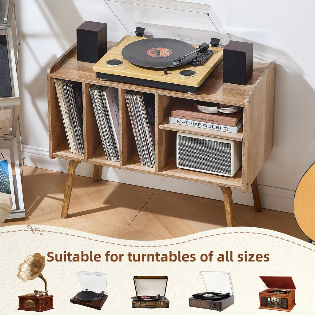 Lerliuo Record Player Stand with 4 Cabinet Holds Up to 220 Albums,Oak