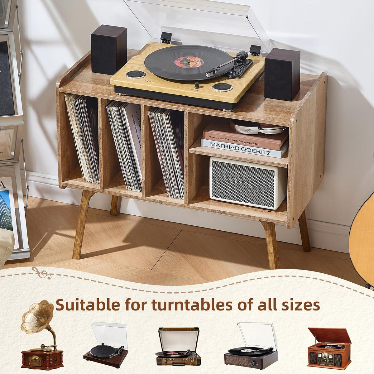 Lerliuo Record Player Stand with 4 Cabinet Holds Up to 220 Albums,Oak