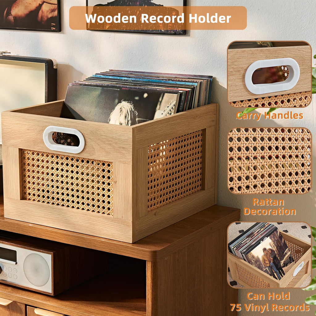 LEYAOYAO Vinyl Record Storage, Rattan Record Crate for Vinyl Albums Holder