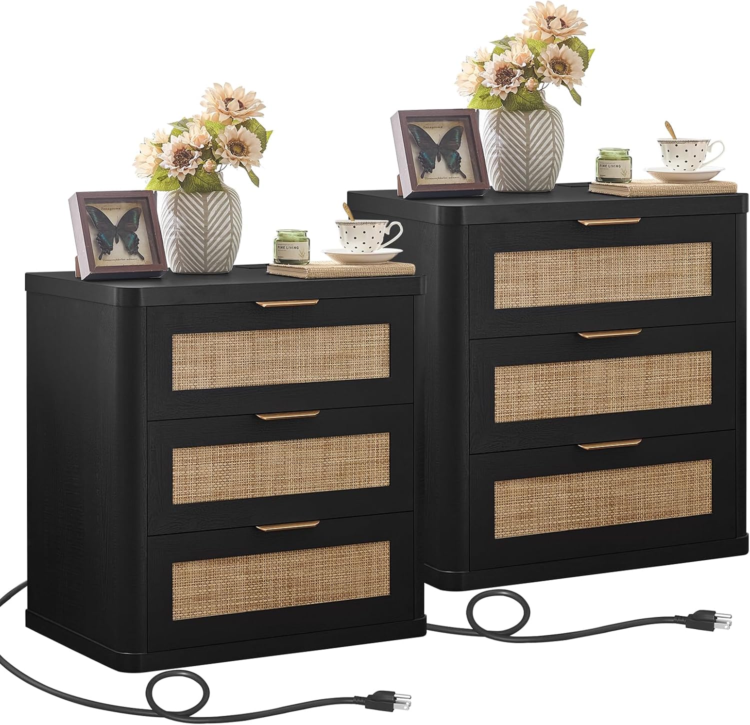 LEYAOYAO Rattan 23" Nightstands with Charger Station 2 Drawers