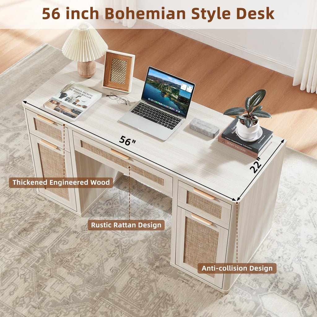 LEYAOYAO Office Desk 56" with 5 Drawers Storage File Cabinet, Natural