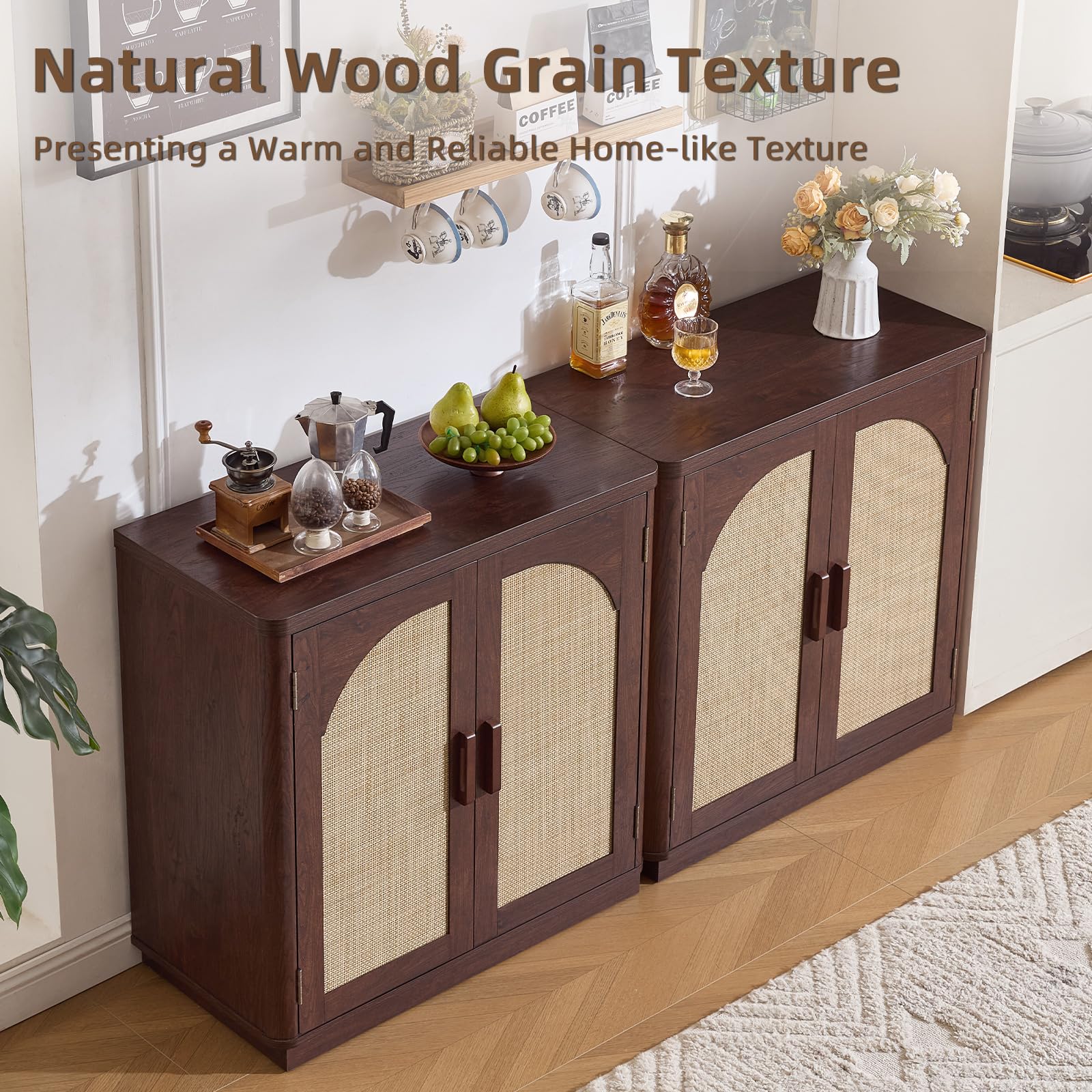 LEYAOYAO Rattan Sideboard Buffet Cabinet with Storage, 31.5" Coffee Bar Cabinet with Arch Doors & Adjustable Shelves, Wood Credenza, Boho Accent Cabinet for Kitchen, Living Room, Natural