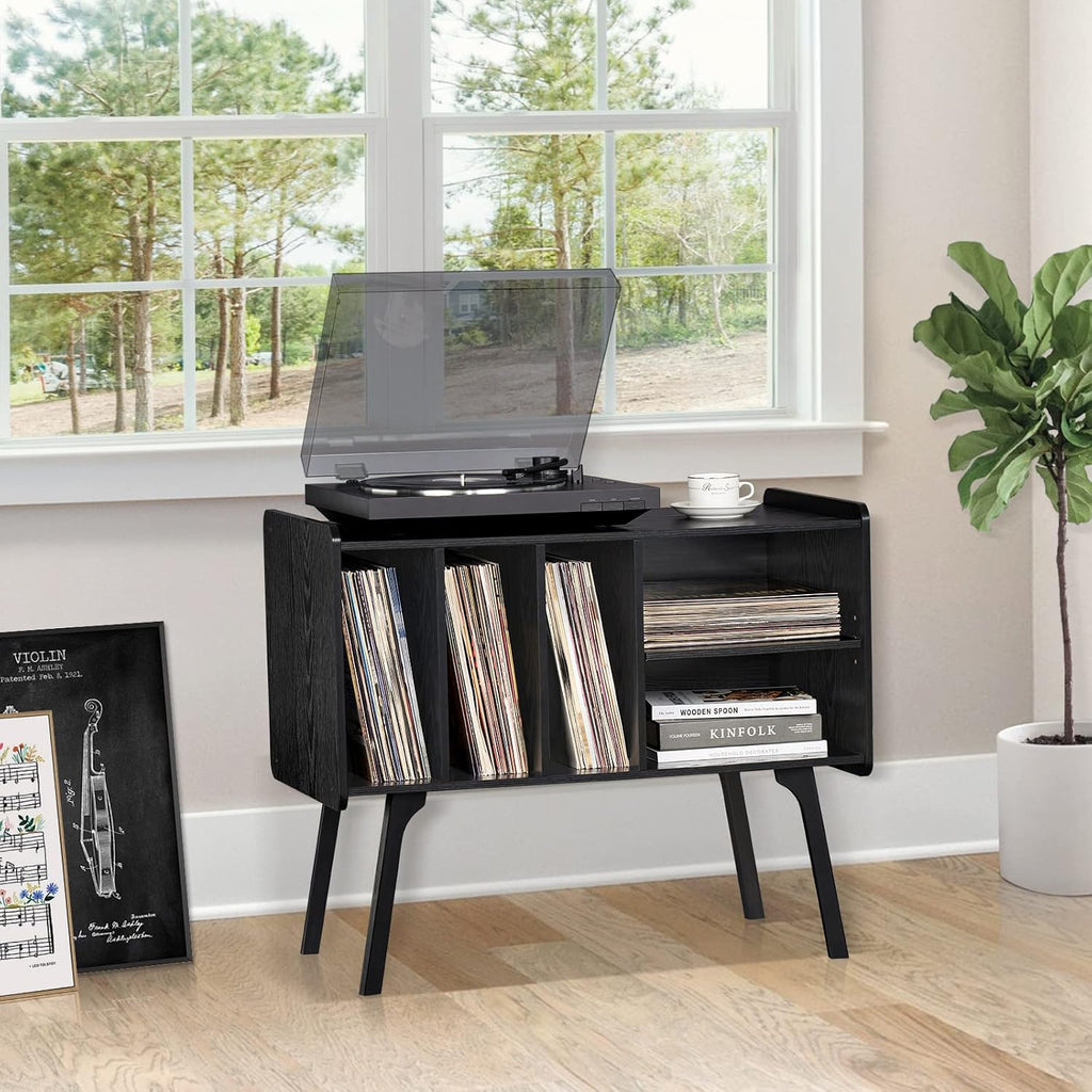 Lerliuo Record Player Stand with Charging Station Up to 220 Albums,Black