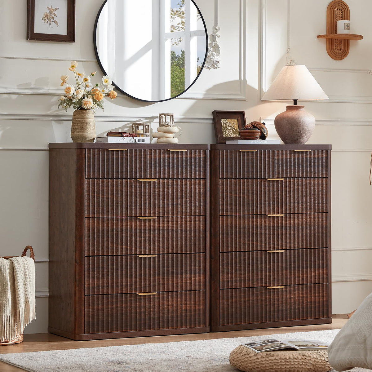 LEYAOYAO Fluted 6 Drawers Dresser for Bedroom Set of 2, 42" Tall Modern Chest of Drawer with Metal Handle, Curved Profile Design,Brown Wood Drawer Organizer for Bedroom, Living Room, Hallway