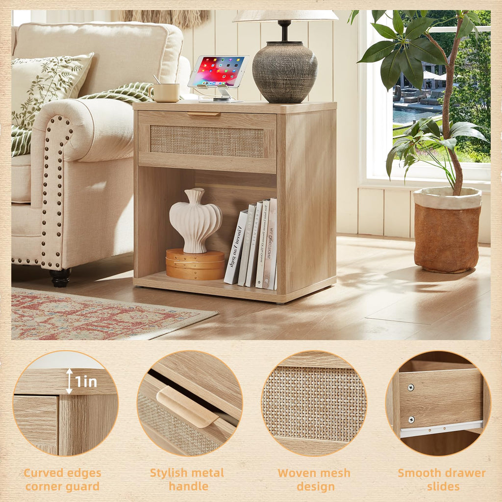 Lerliuo Rattan NightStand with Charger Station, 23" Wide Boho Bedside Table with Drawers, Natural Wood Night Stand Open Storage Cabinet, Bed Side End Table Dresser for Living Room, Hallway, Bedroom