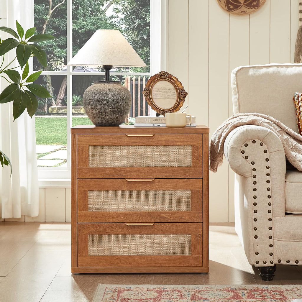 LEYAOYAO Rattan Nightstands Set of 2 with Charging Station, Boho Night Stand Dresser for Bedroom with Drawer, Grey White Bedside Table Open Storage Cabinet, Bed Side End Table, Living Room, Hallway