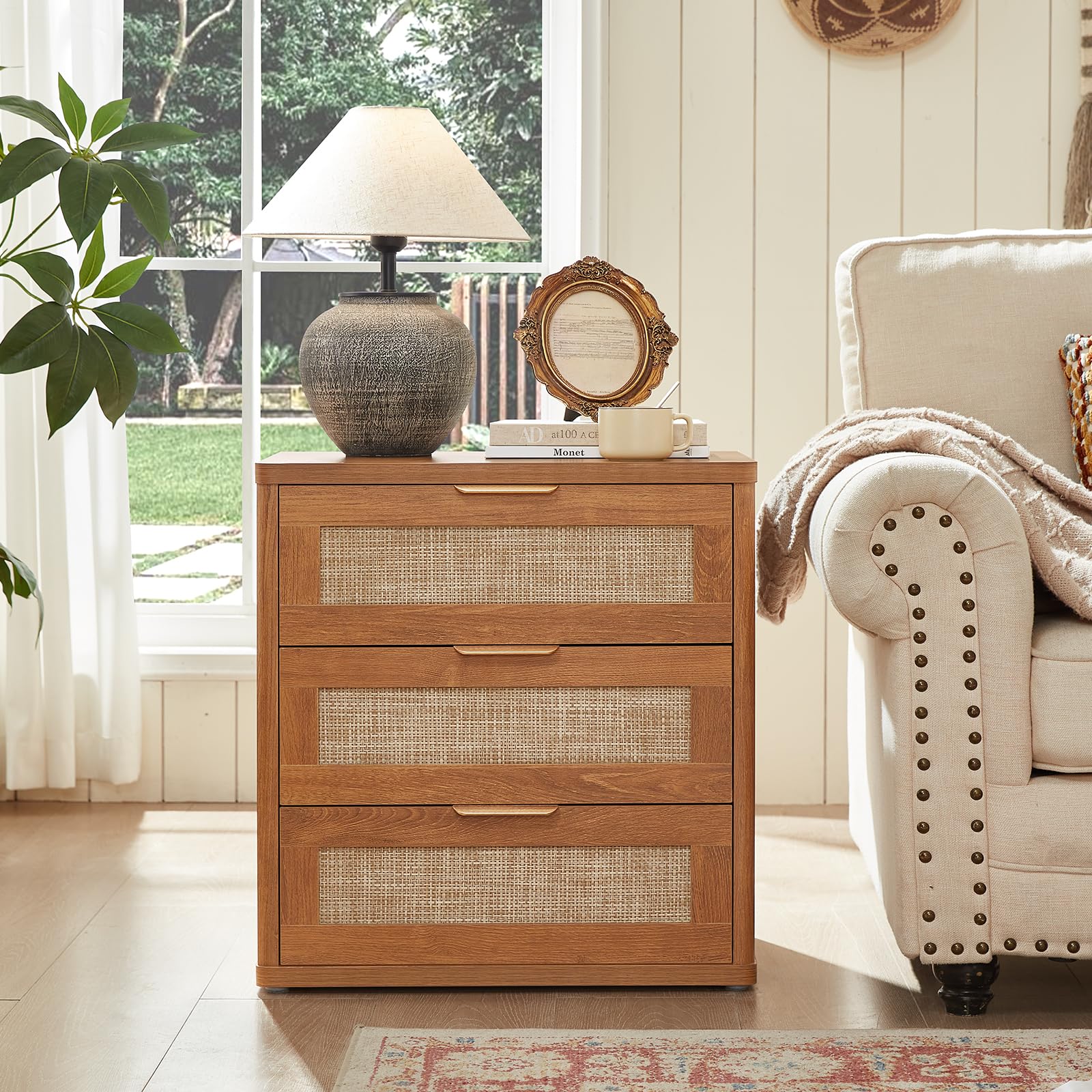 LEYAOYAO Rattan Nightstands Set of 2 with Charging Station, Boho Night Stand Dresser for Bedroom with Drawer, Grey White Bedside Table Open Storage Cabinet, Bed Side End Table, Living Room, Hallway