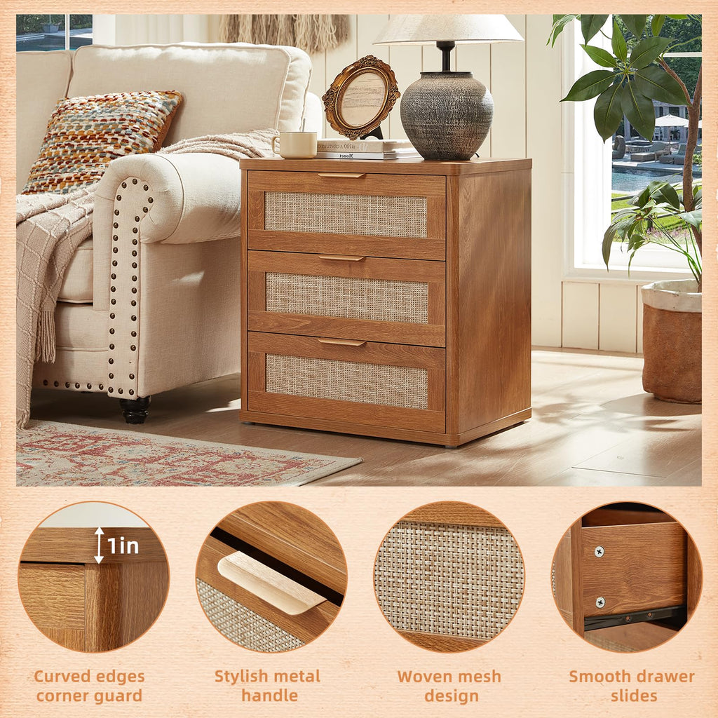 Lerliuo Rattan NightStand with Charger Station, 23" Wide Boho Bedside Table with Drawers, Natural Wood Night Stand Open Storage Cabinet, Bed Side End Table Dresser for Living Room, Hallway, Bedroom