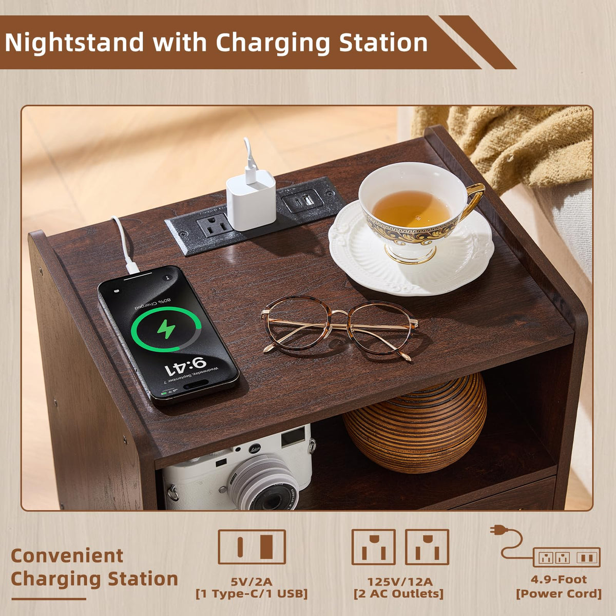 Lerliuo Rattan Nightstand with Charging Station, Boho Night Stand