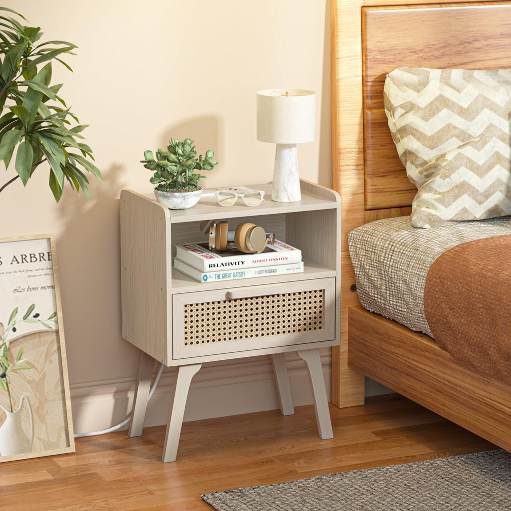 Lerliuo Rattan Nightstand with Charging Station, Boho Night Stand